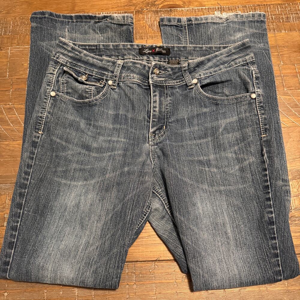 Love Nation Embroidered Flap Pocket Bootcut Jeans Size 14 Stretch Y2K Western